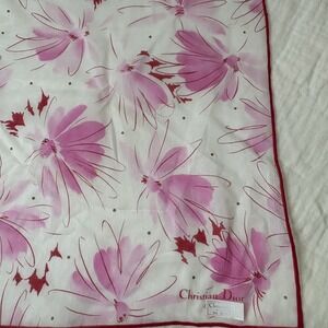 Christian Dior Scarf Handkerchief Floral Cotton Pink White Red Border 17"